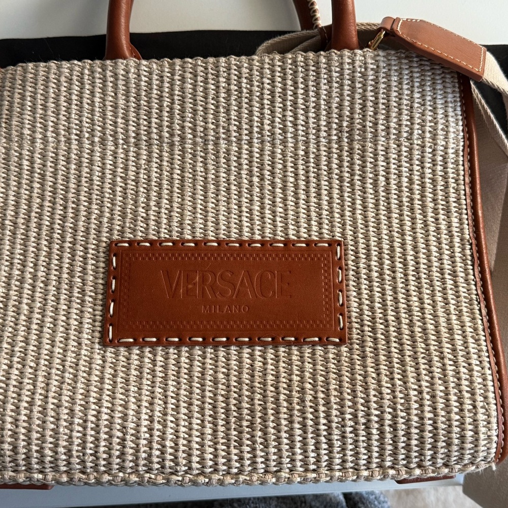 Versace Tan and Brown Tote Bag with Leather Accents